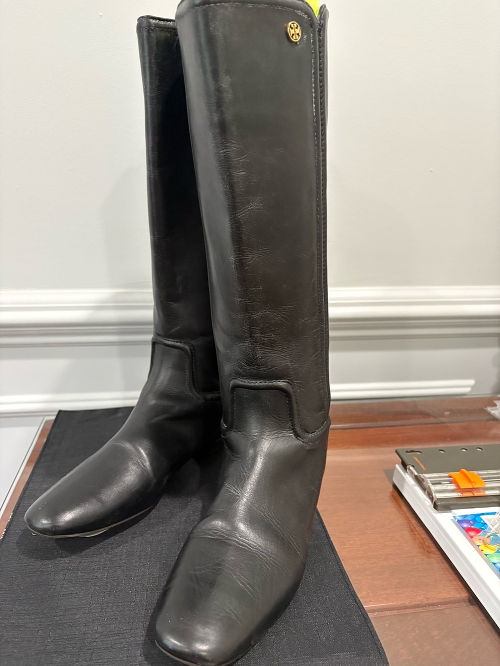 Tory Burch Black Leather Knee-High Riding Boots with Gold Logo